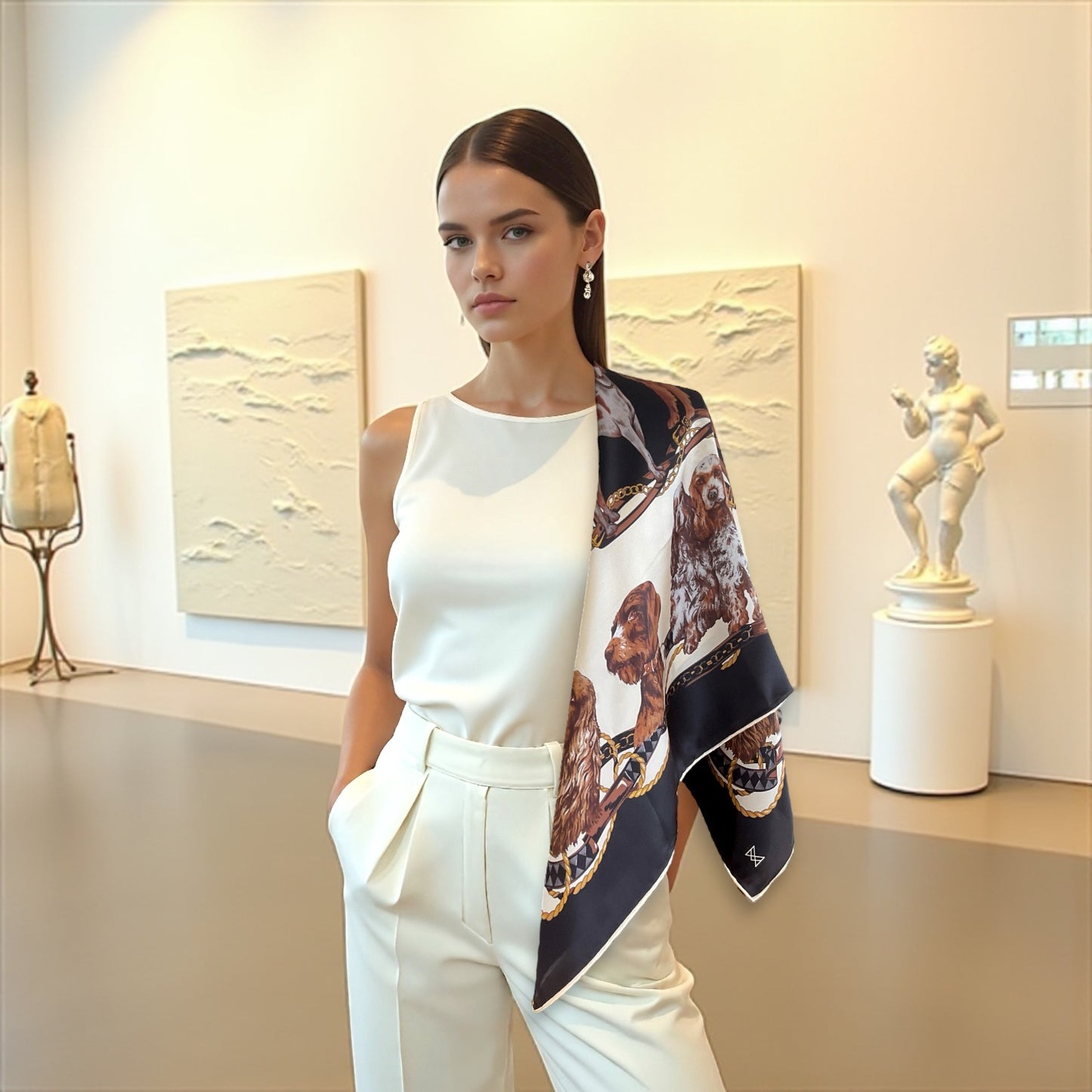 İpek Eşarp - 90cm x 90cm - Best Friends - Siyah