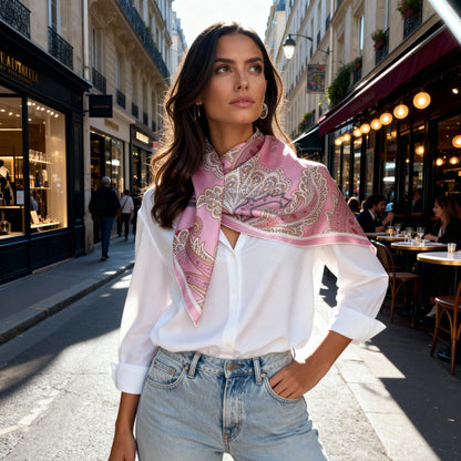 İpek Eşarp - 90cm x 90cm - Ornamental Elegance - Ice Pink