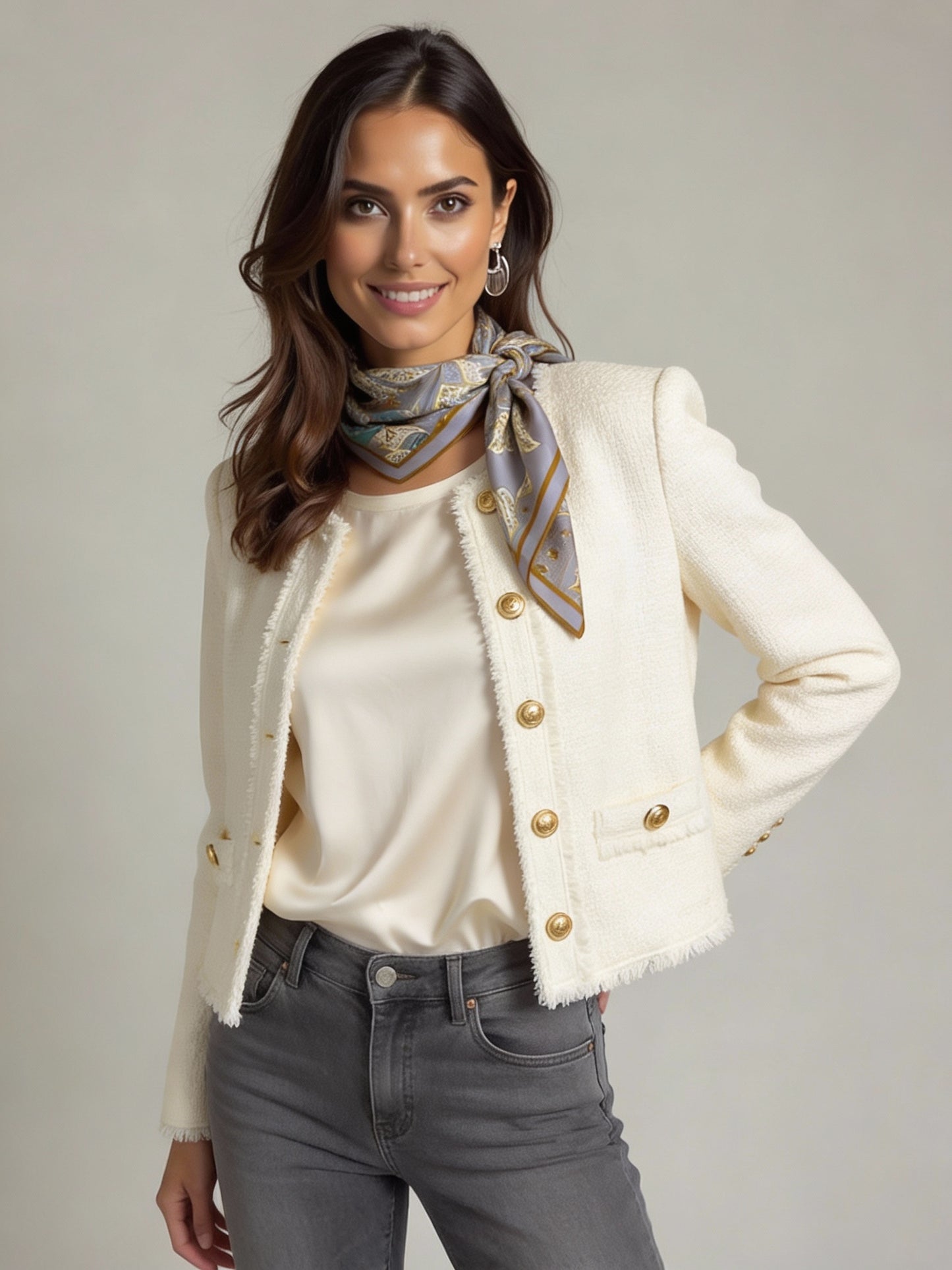 İpek Eşarp - 90cm x 90cm - Ornamental Elegance - Gri