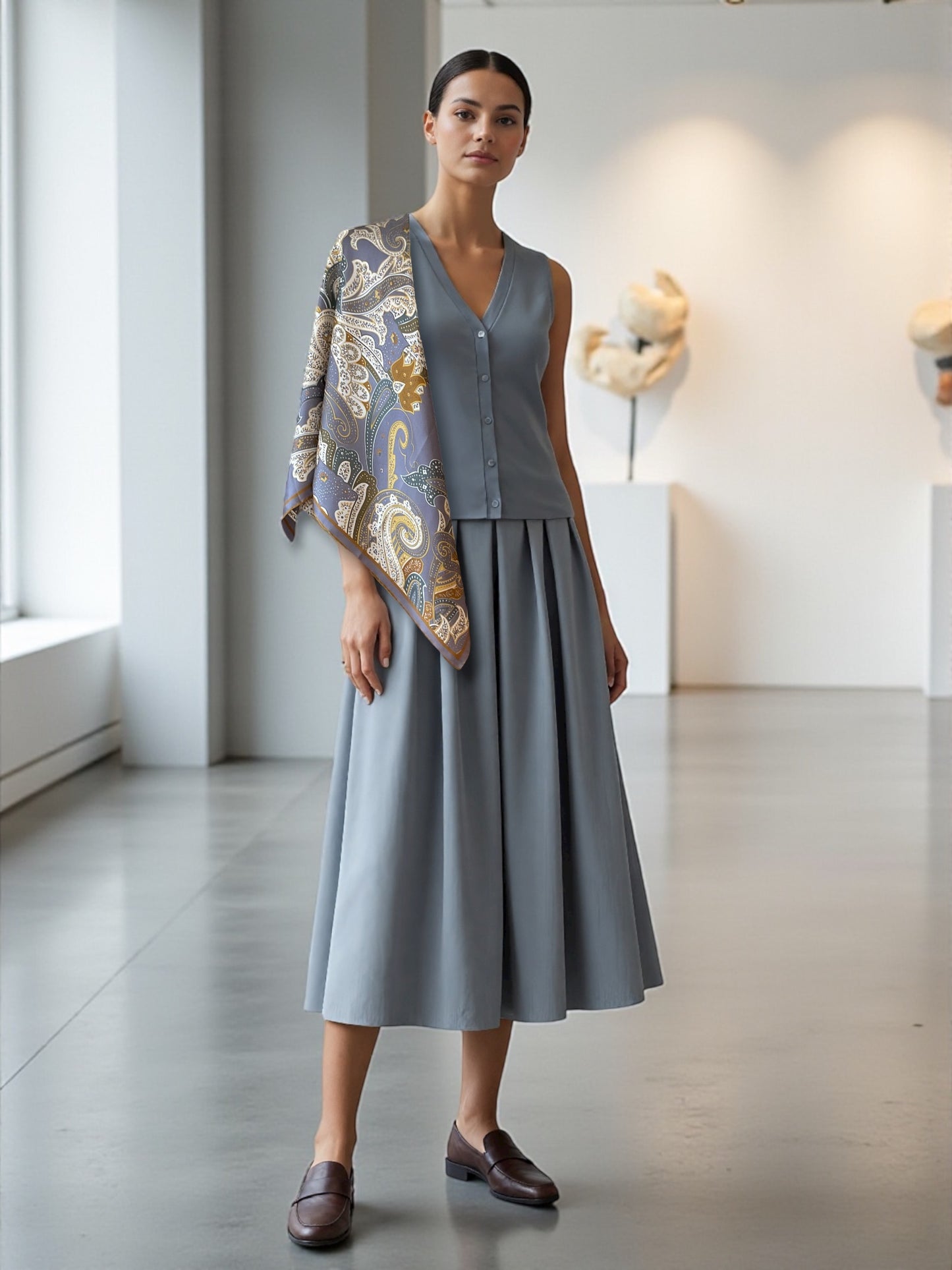 Silk Scarf - Ornamental Elegance - Gray