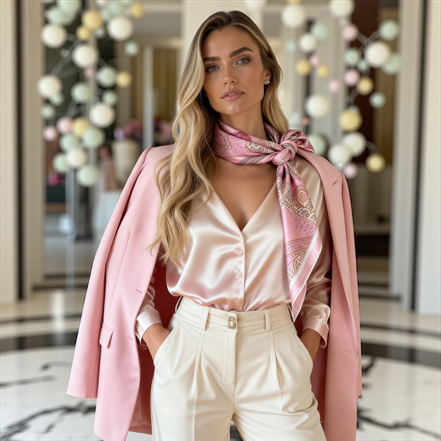 İpek Eşarp - 90cm x 90cm - Ornamental Elegance - Ice Pink