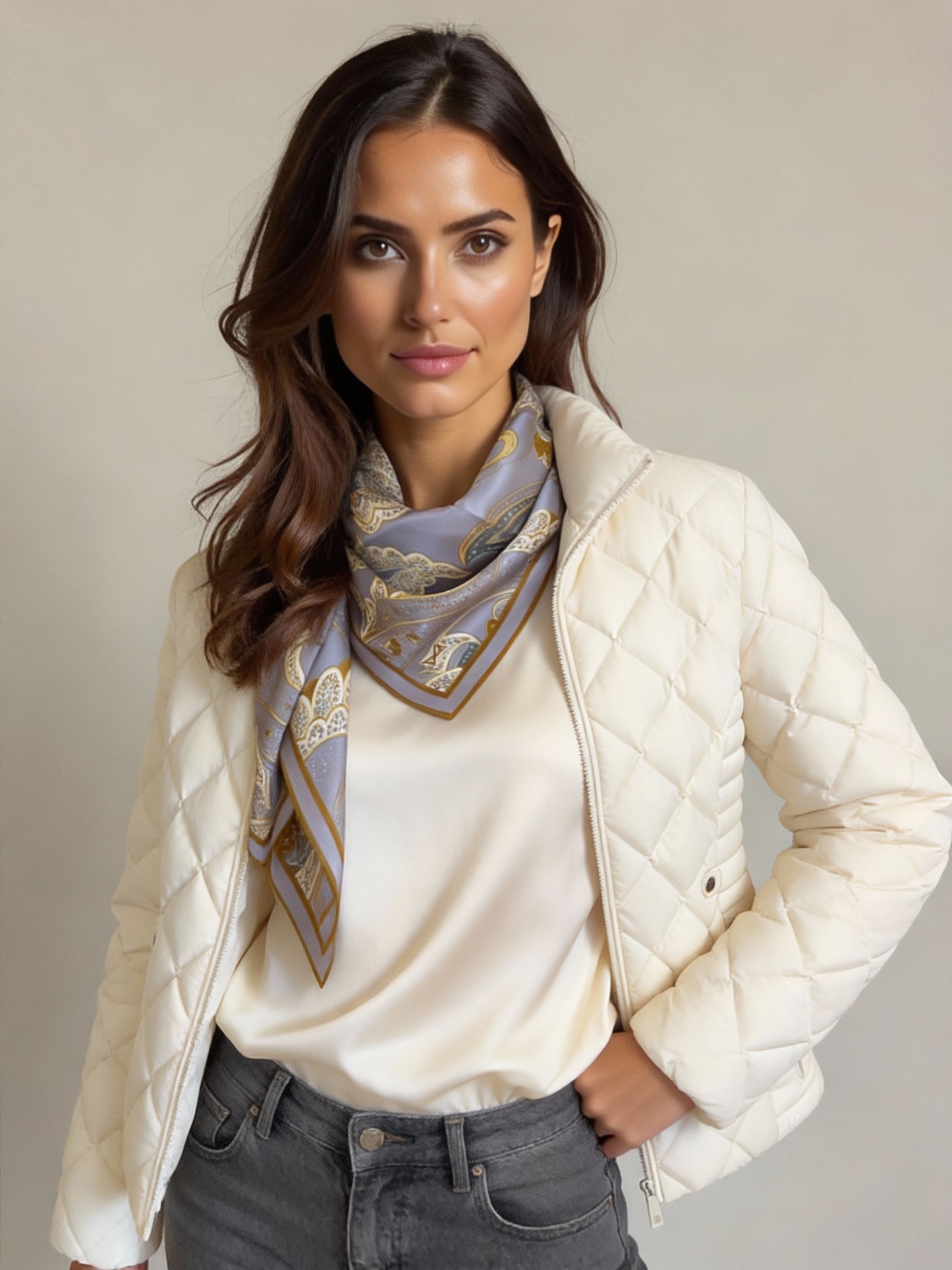 İpek Eşarp - 90cm x 90cm - Ornamental Elegance - Gri