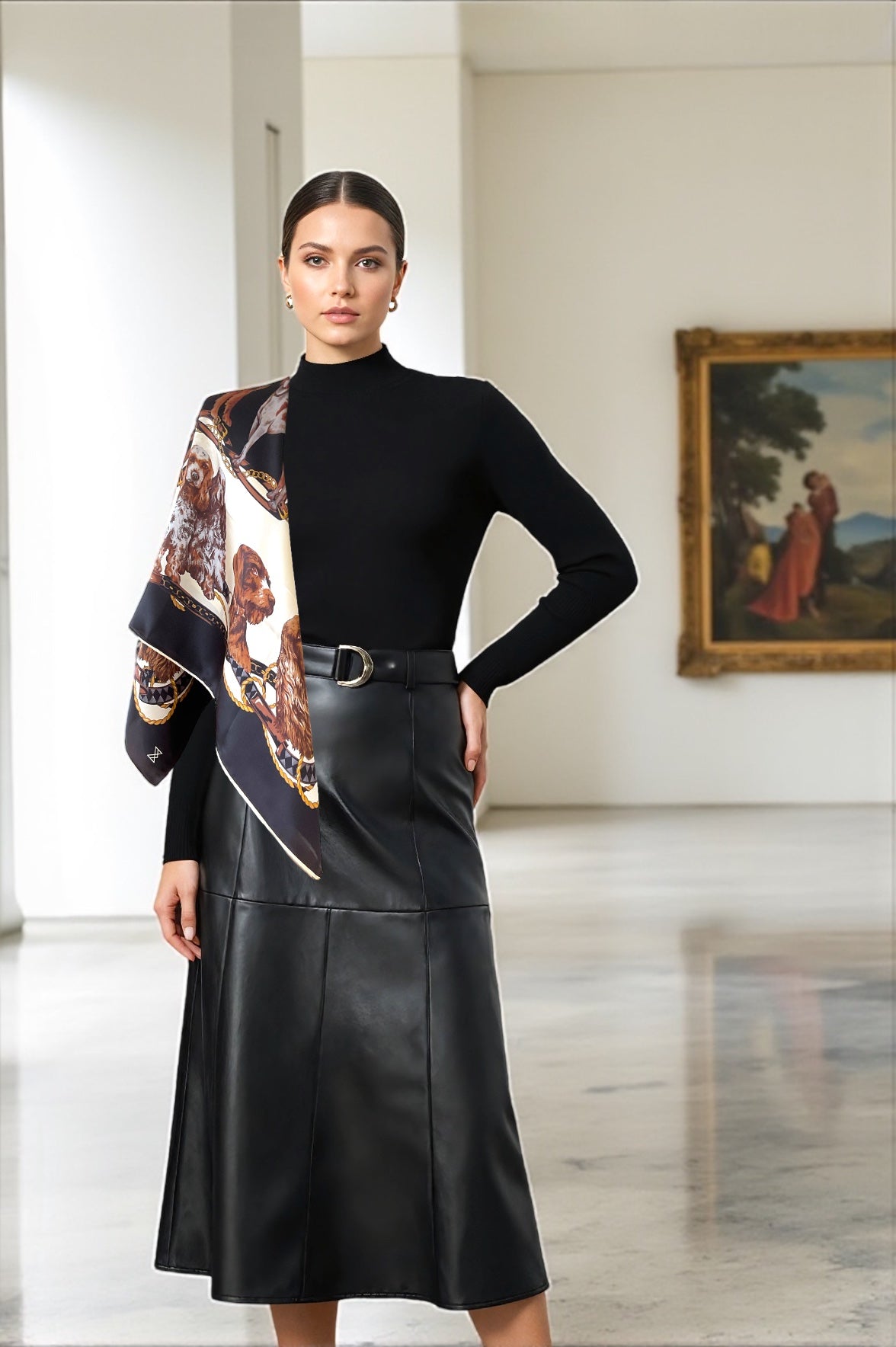 İpek Eşarp - 90cm x 90cm - Best Friends - Siyah