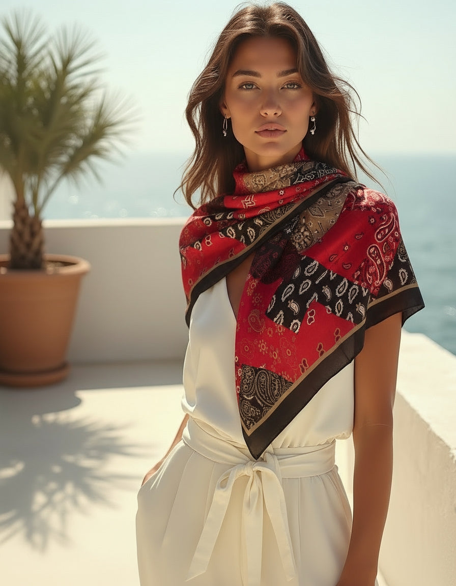 Nomad Şal / Pareo - İpek Pamuk Karışımı - Vişne - Bej